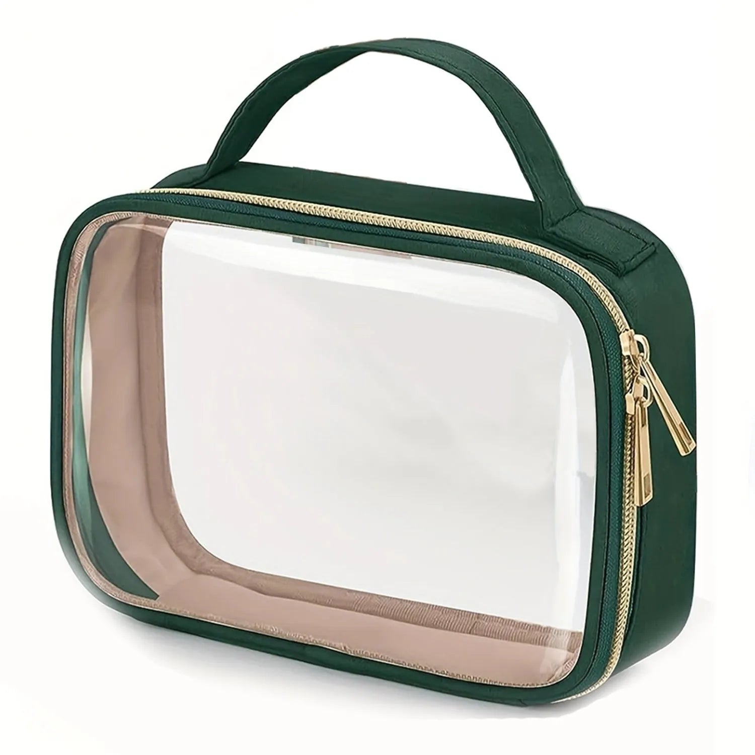 Transparent PVC wash bag showing cosmetics inside with chain handle