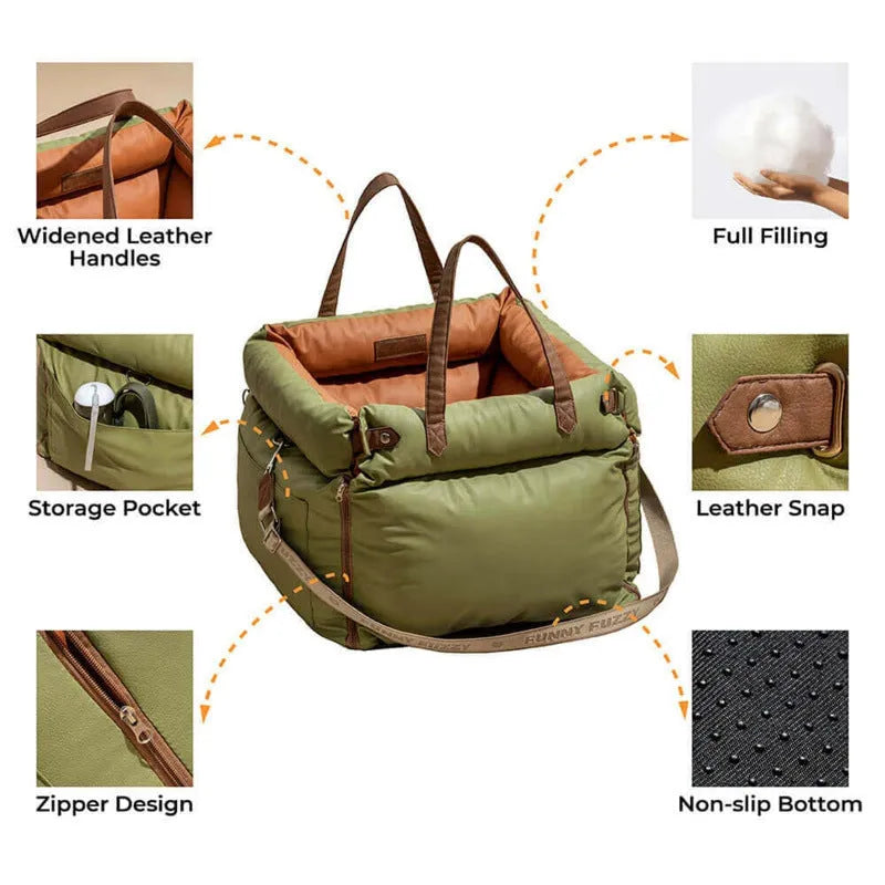 Green waterproof PU leather dog car nest with removable bed, showing 55x50x45cm dimensions.