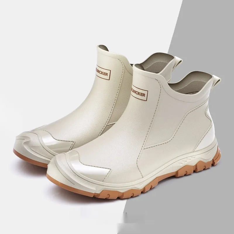 Korean style short tube rain boots with PVC upper and plastic sole for outdoor wading