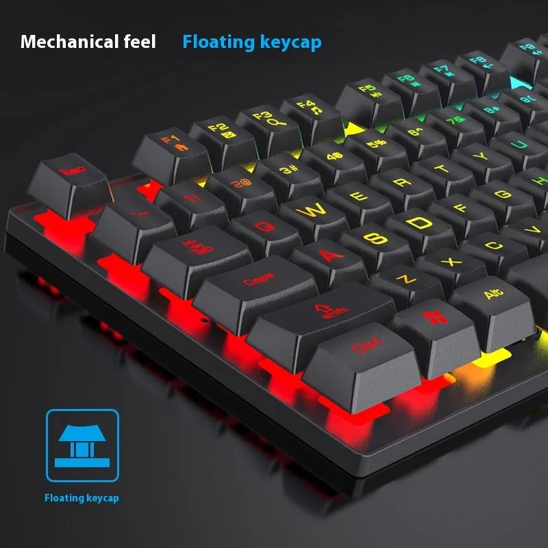 Black 104-key backlight gaming keyboard with mouse on desk showing compact design