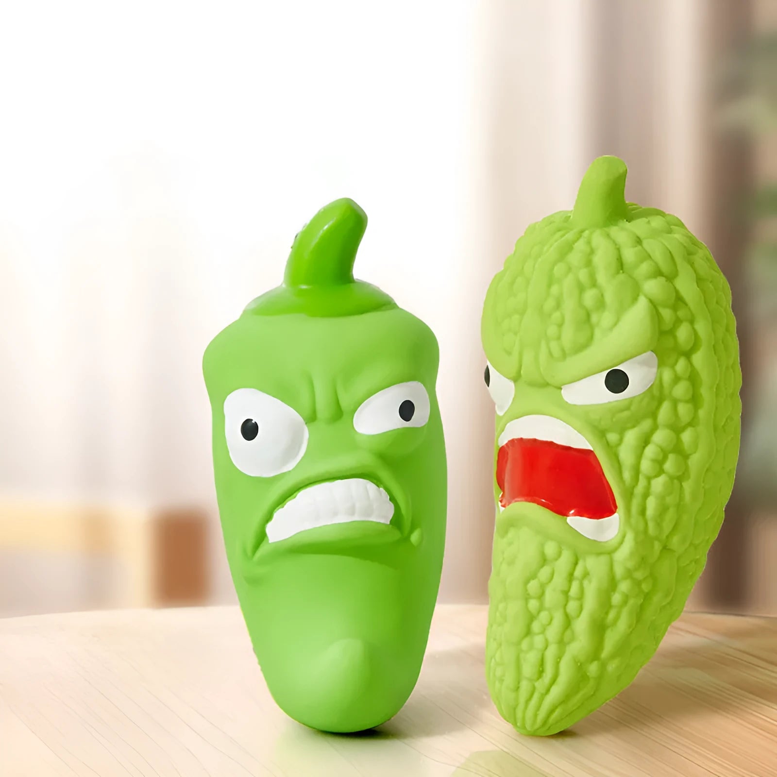 Bitter melon and chili shaped dog chew toys with textured surfaces for teeth grinding