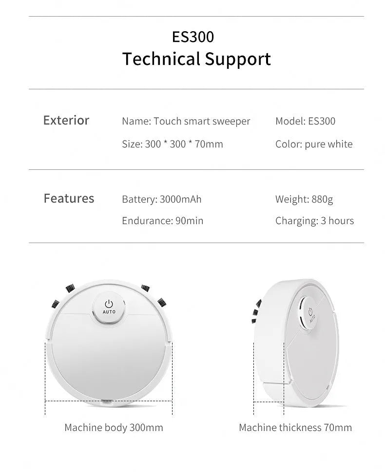 Automatic sweeping robot with 3000mAh battery collecting pet hair on hard floor