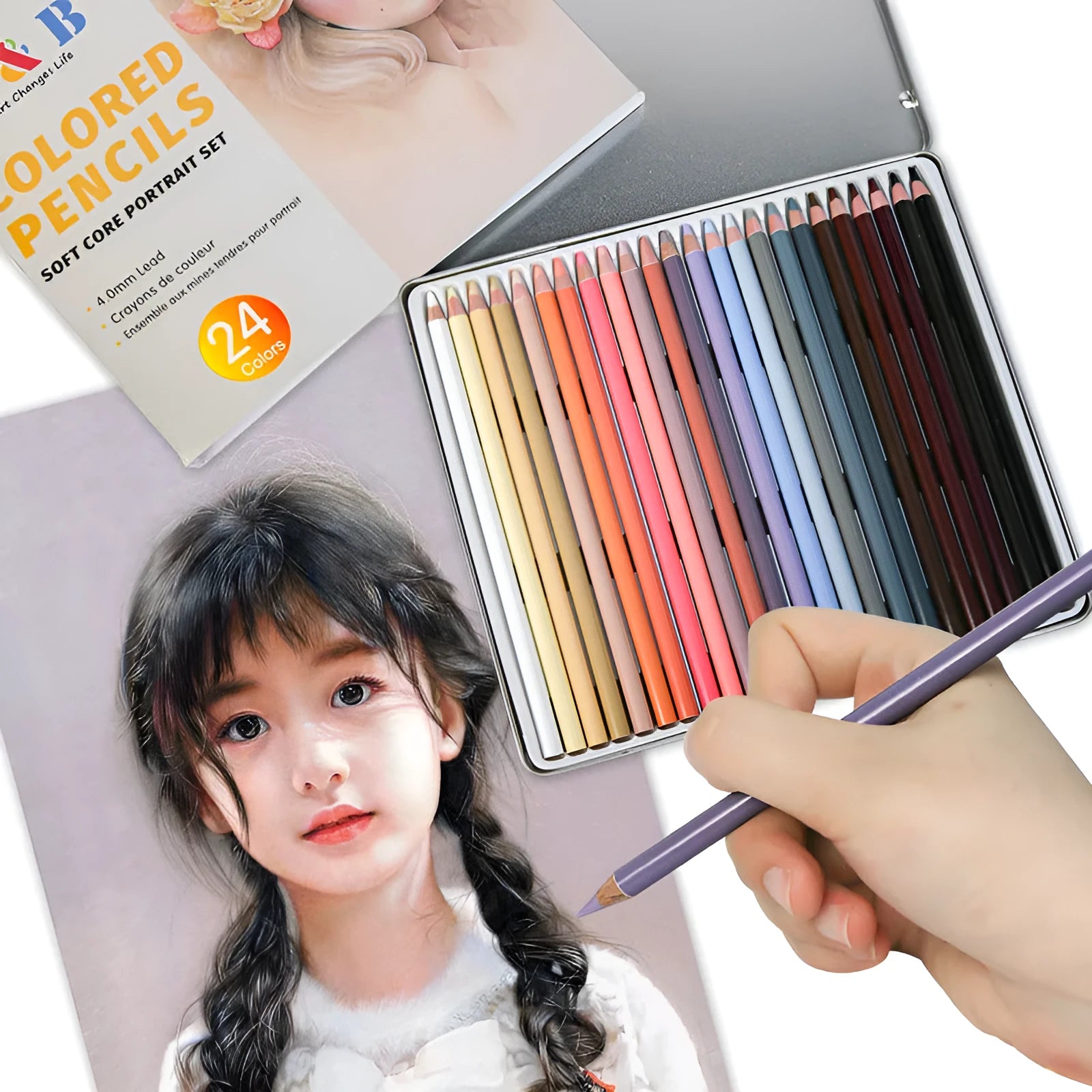 24 skin colour pencils for portrait art in a round metal tin case