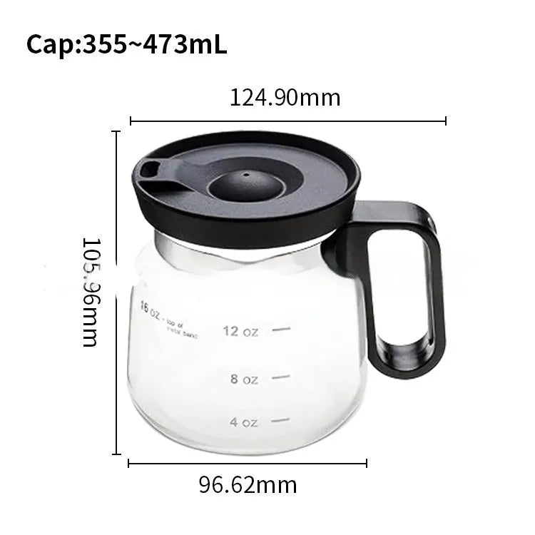 Transparent borosilicate glass coffee maker with a black silicone cover, showing 355-473 ml capacity.