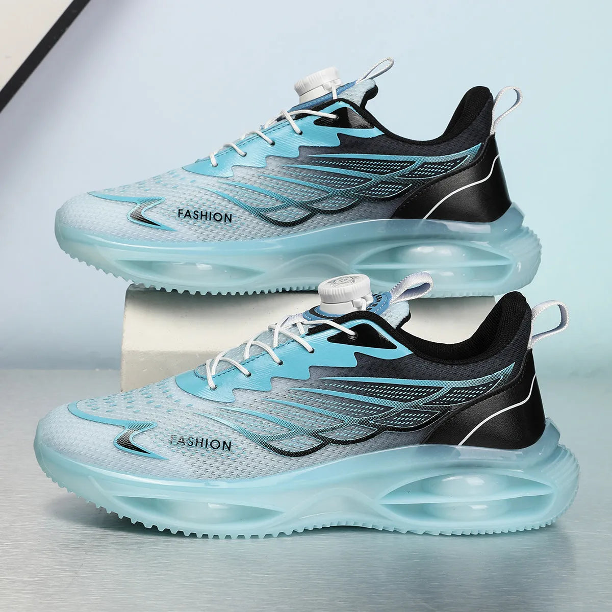 Casual breathable running shoes in sky blue with a PU mesh upper and flat rubber sole.