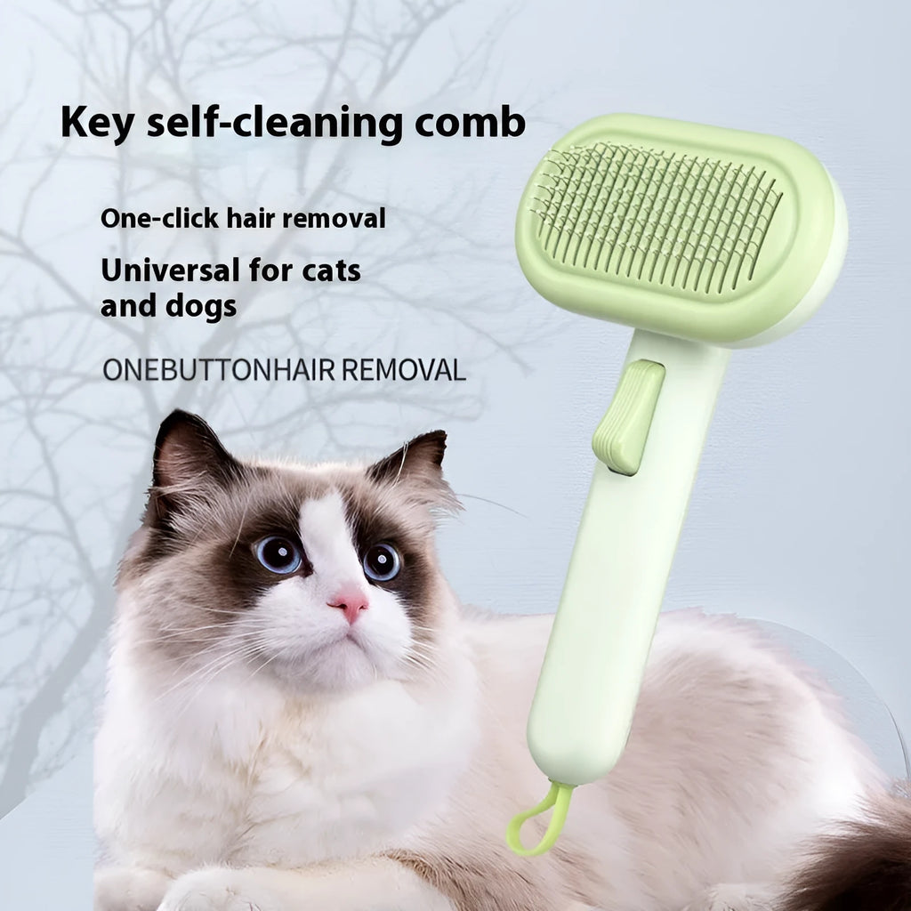 Large pet grooming comb with stainless steel blades in light green colour showing one-click cleaning mechanism