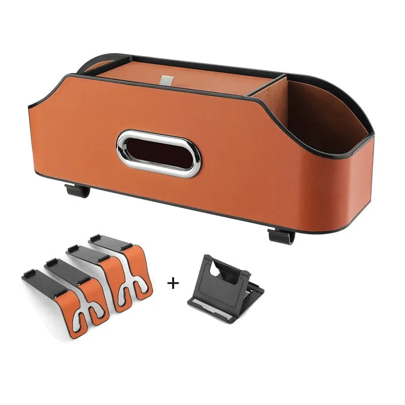 Genuine leather car tissue box and cup holder organiser in black, suspended from a headrest.