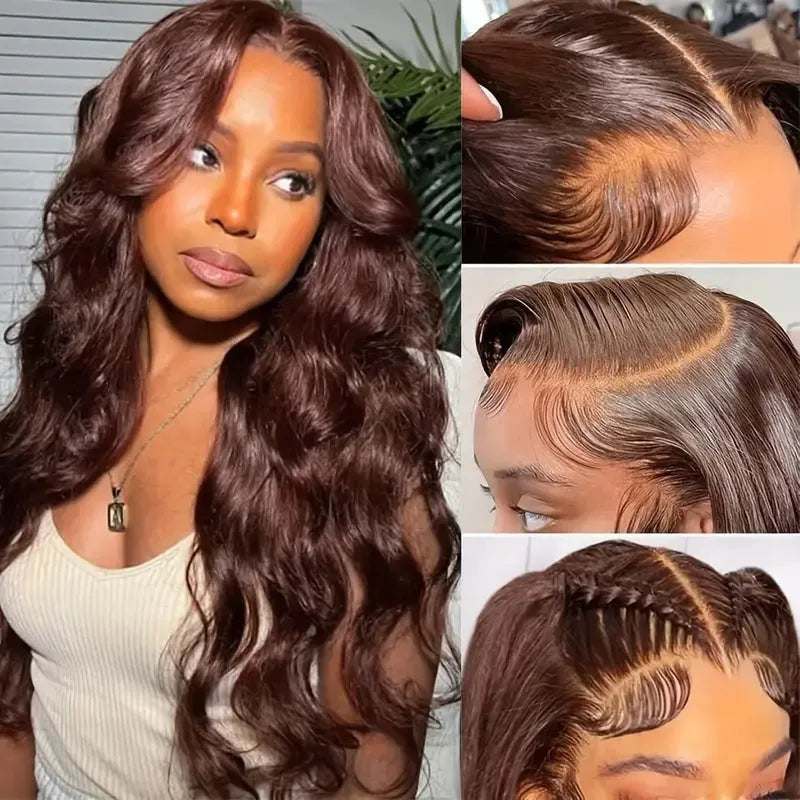 Dark brown long curly front lace wig with side bangs on a mannequin head.