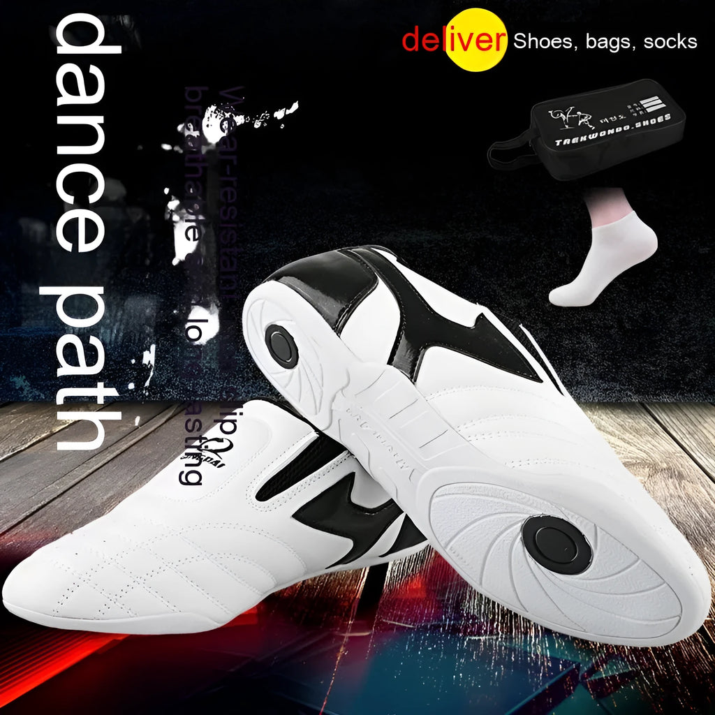 Black and white children's boxing shoes with soft bottom construction for martial arts training