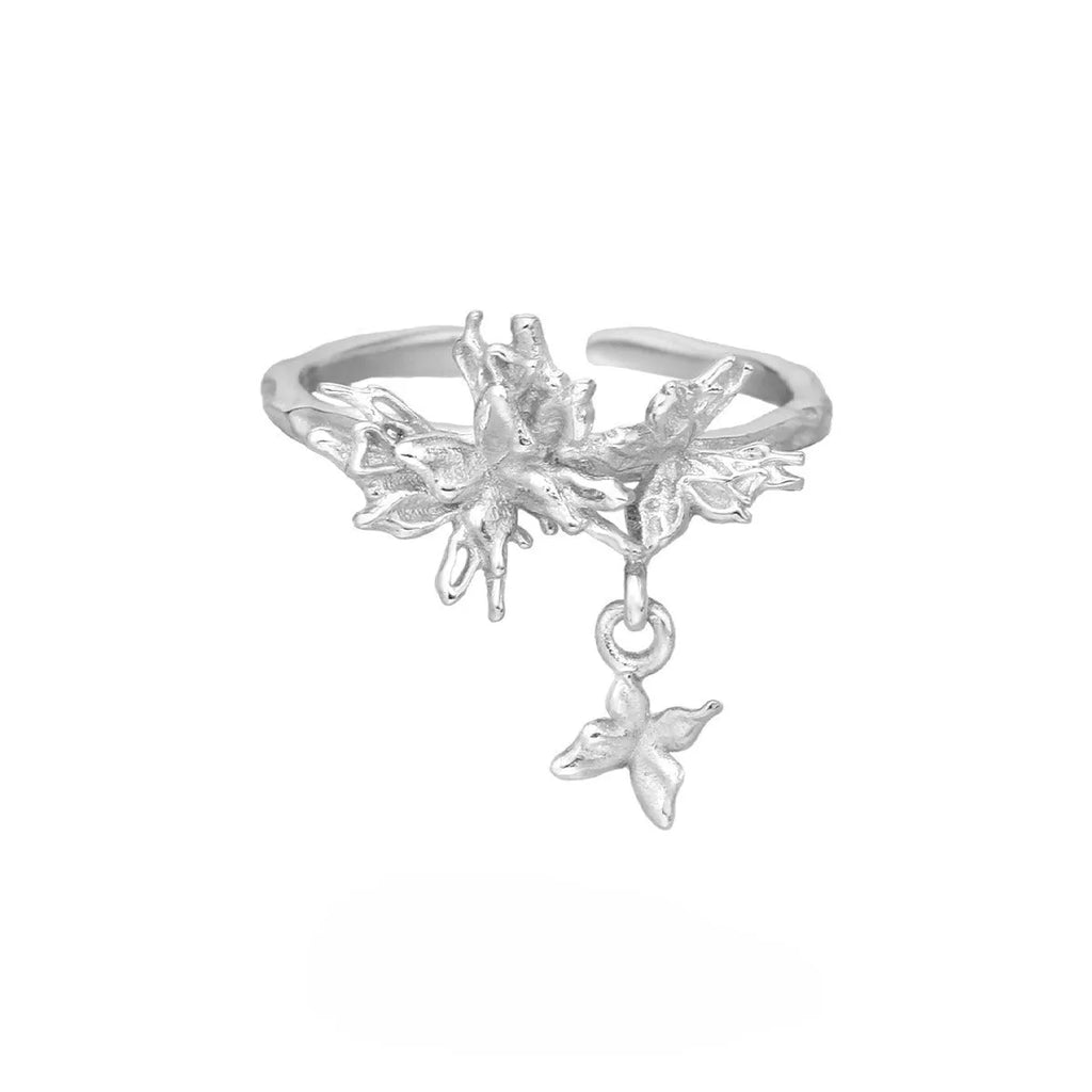 Silver butterfly ring with adjustable opening in white gold or 18K gold colour tone.
