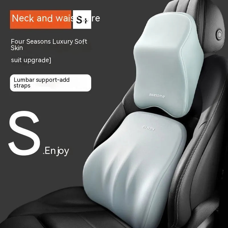 Black memory foam car headrest pillow and lumbar support pillow with removable cotton covers.