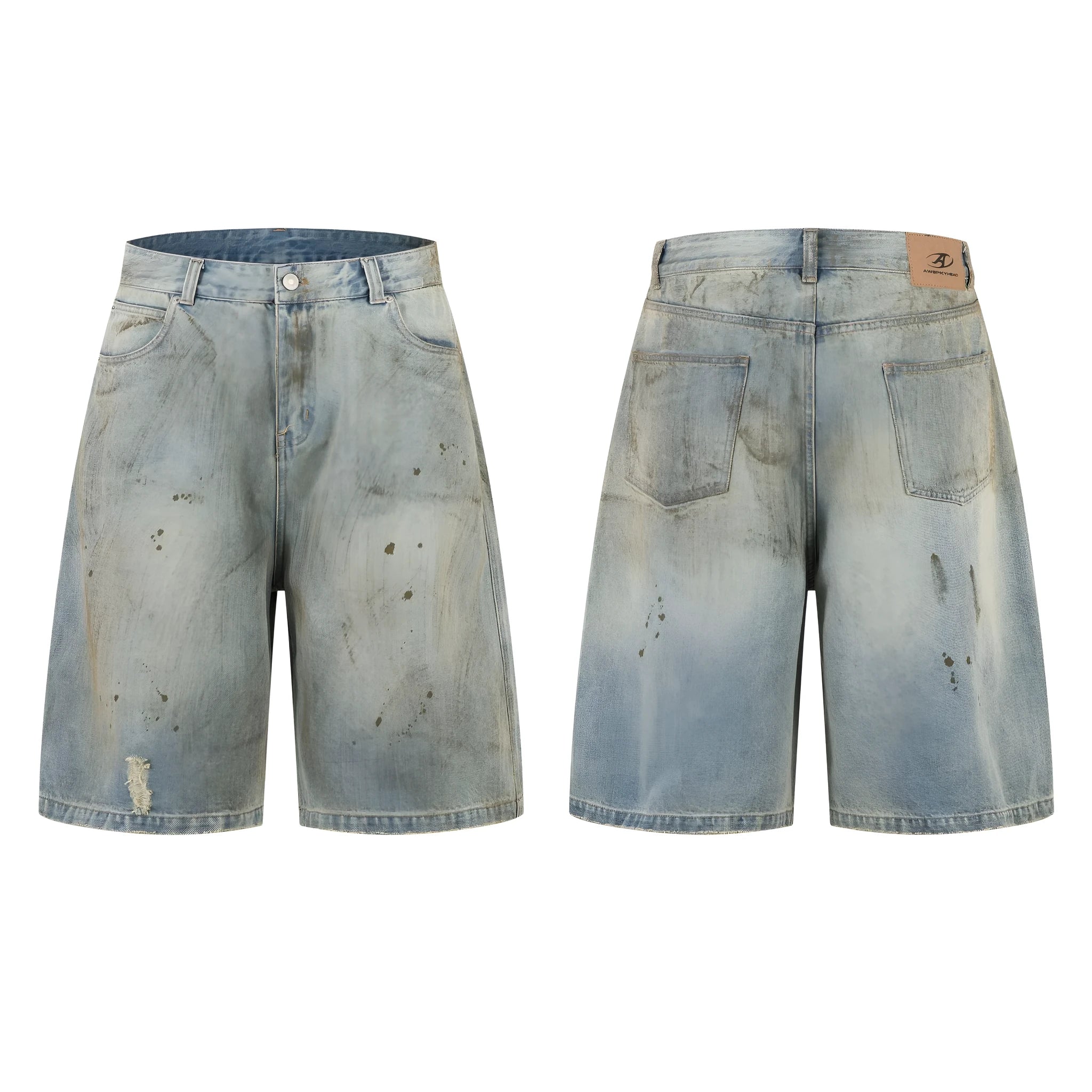 Blue cropped denim pants with straight-leg cut and zipper fly opening in street fashion style