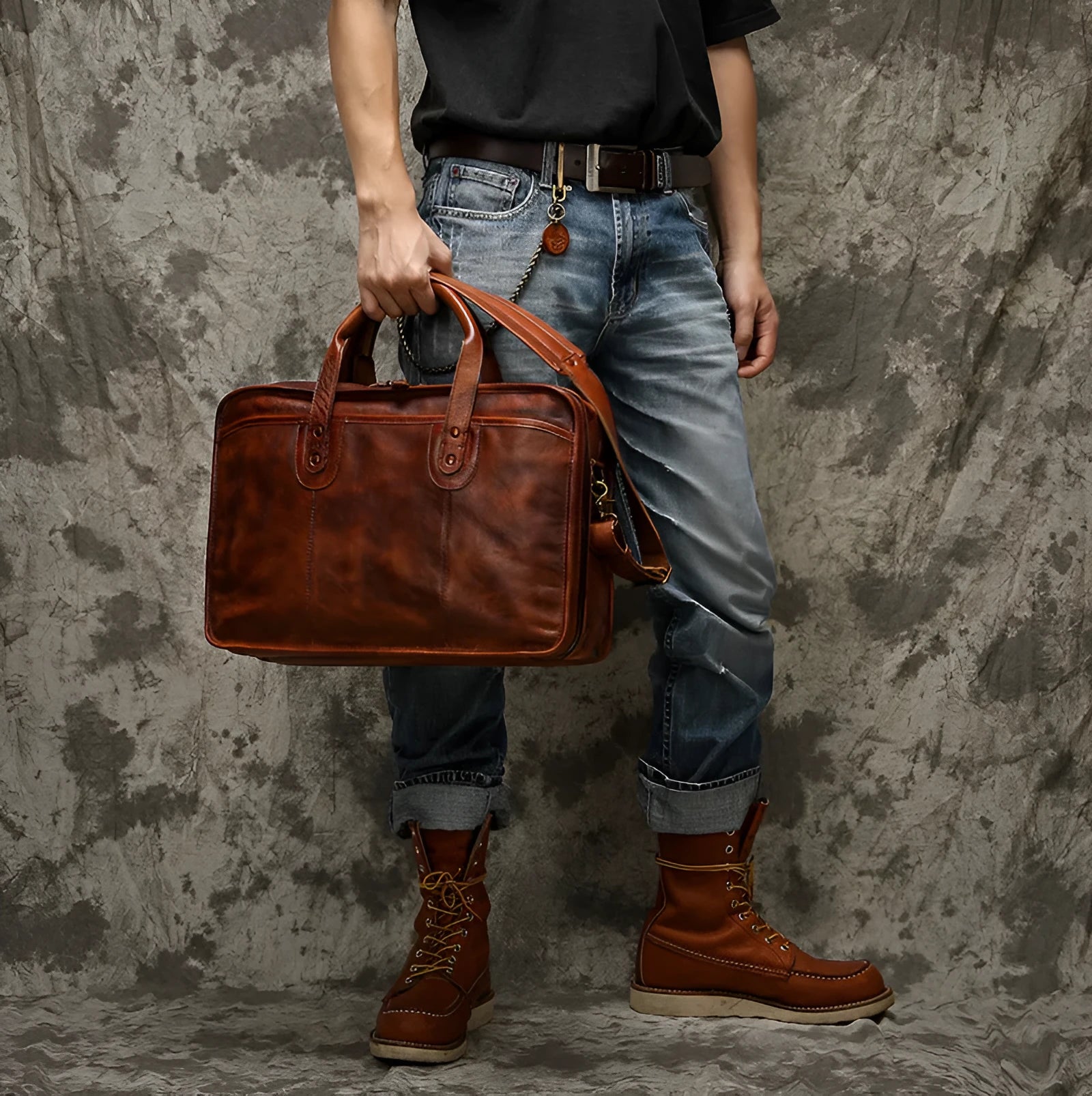 Vintage brown leather men's briefcase open showing internal laptop pocket and document organisers