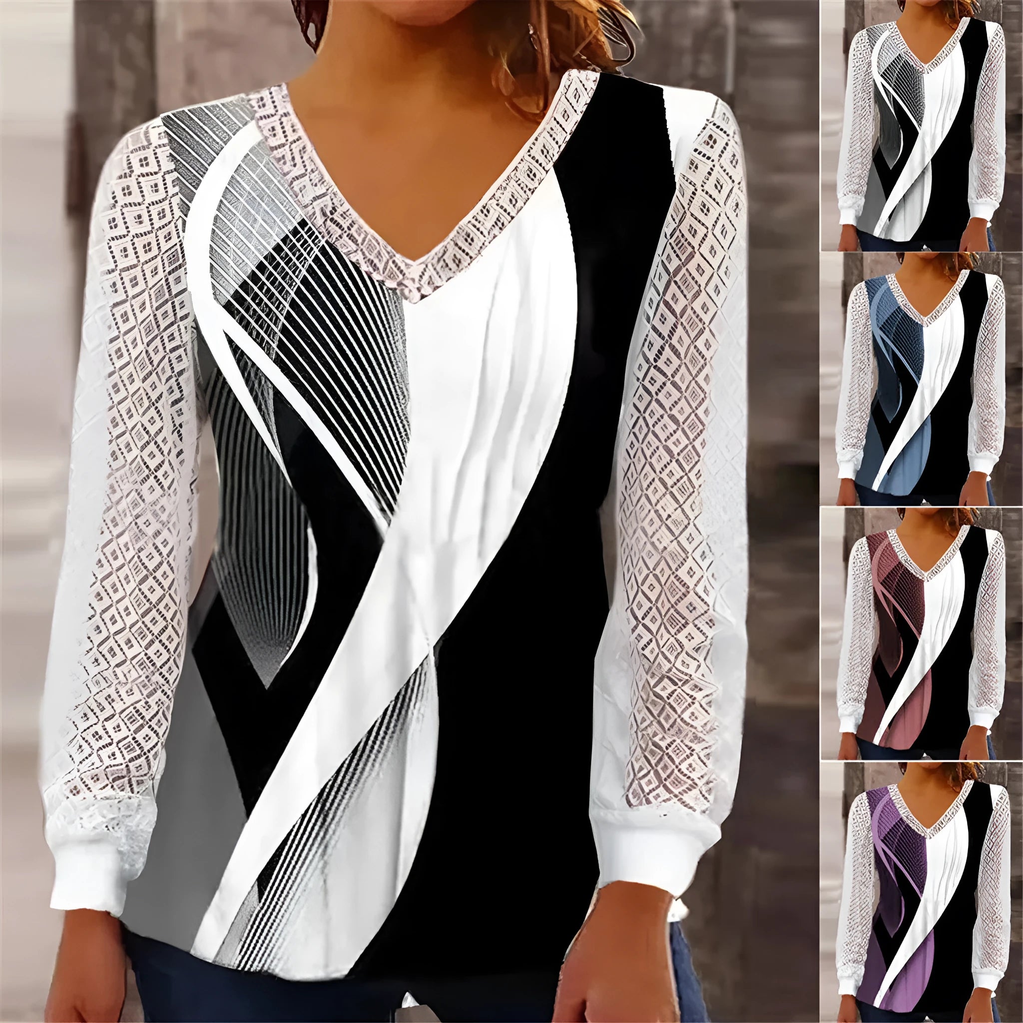 Women's purple V-neck loose top with long sleeves and a hollow-out lace print pattern.