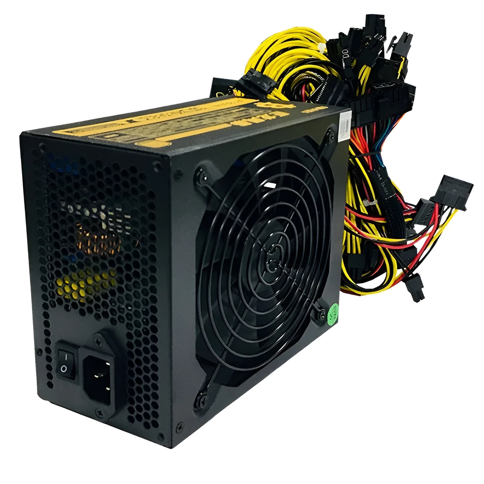 Black server power supply unit with multiple cable connectors including graphics card and CPU power interfaces