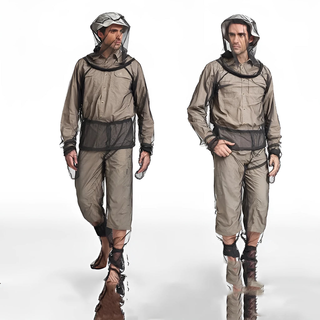 Full set of mesh anti mosquito suit including hooded top, pants, and booties for summer outdoor wear
