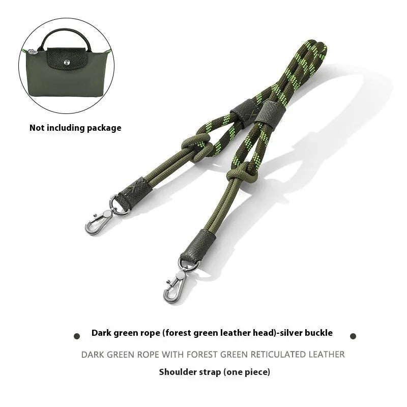 Braided nylon and cowhide leather crossbody shoulder strap with gold alloy buckle on a grey background.