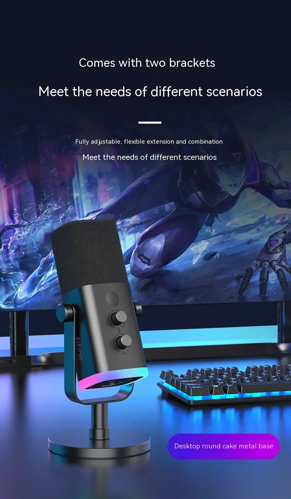 Black condenser microphone with pop filter on a desktop stand, with XLR and data cables.