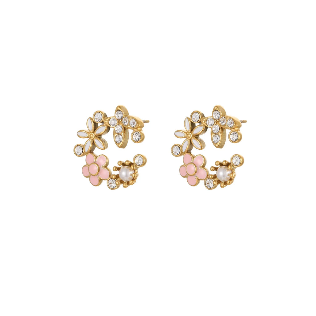 18K stainless steel flower stud earrings with colourful electroplated petals in diamond-shaped arrangement