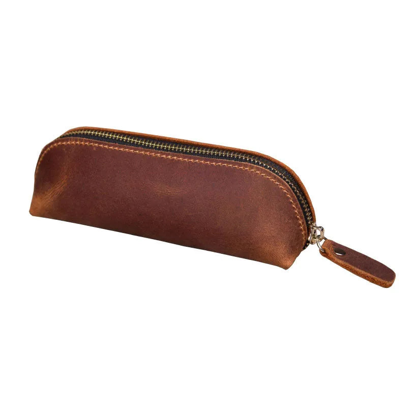 Handmade square leather pencil and glasses case with zipper, shown in black colour.