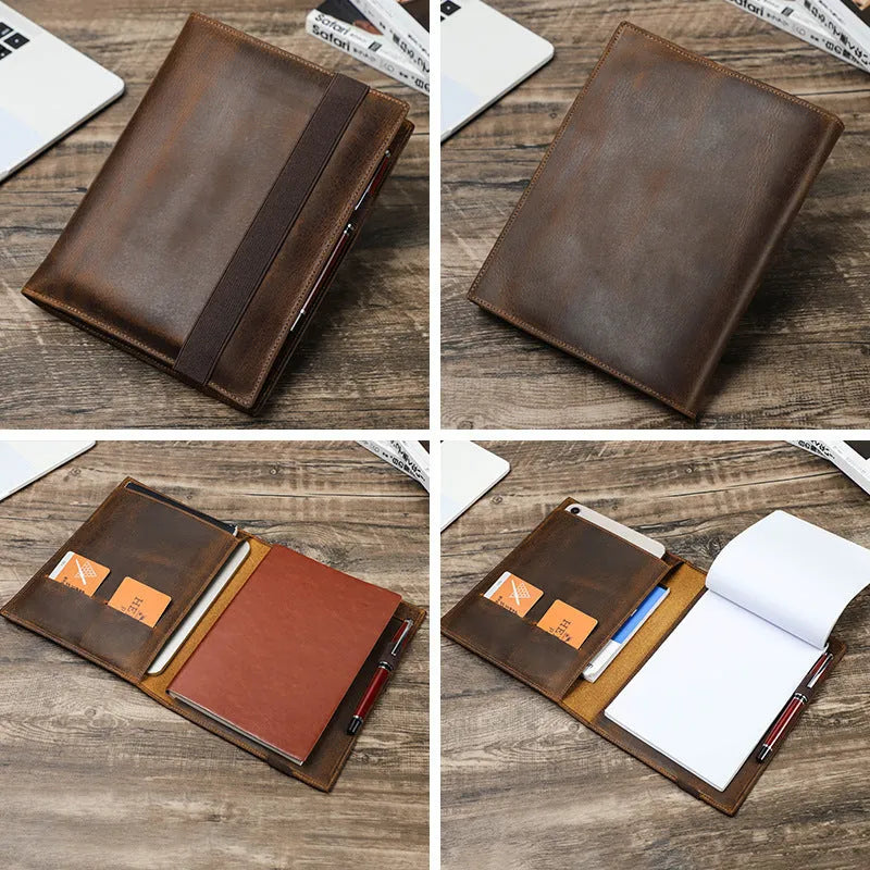 Brown Crazy Horse leather A5 notebook protective sleeve with a square shape.