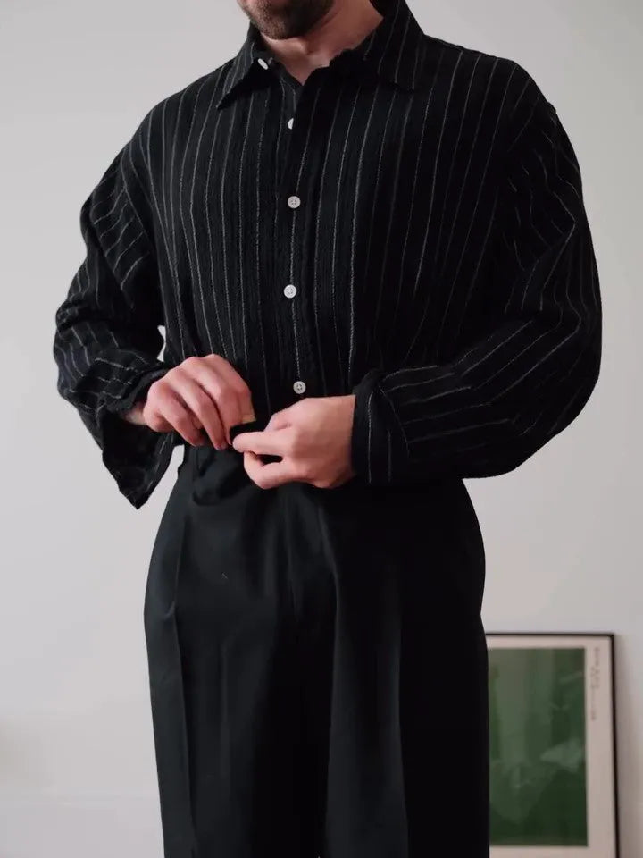 Men's black pinstripe button-down shirt with regular fit and long sleeves