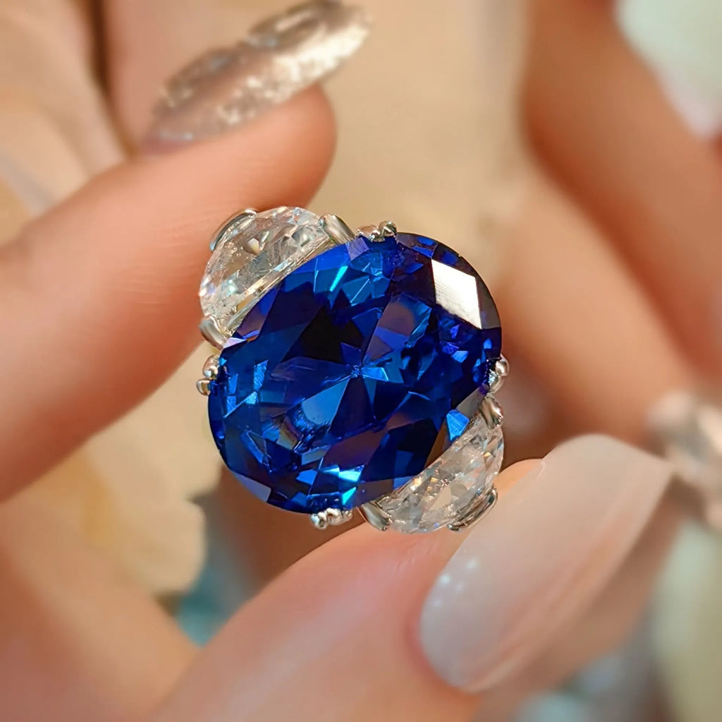 Blue geometric copper band ring with diamond setting for women