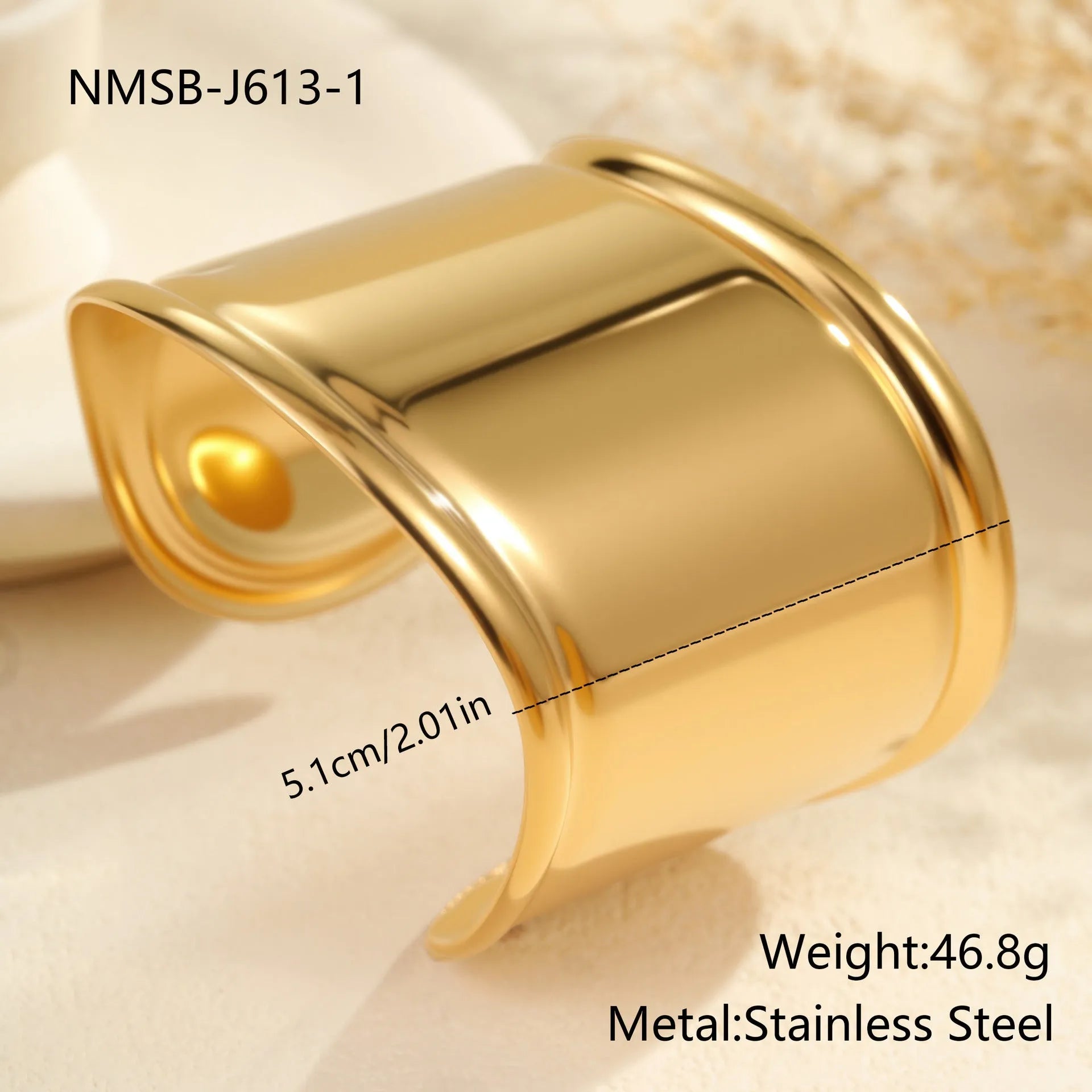 Gold plated stainless steel wide bracelet for women with geometric wave design and niche opening clasp