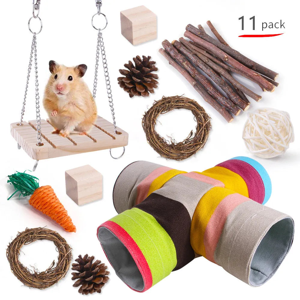 Wooden pet toy set with chewable pieces for rabbits, guinea pigs and parrots