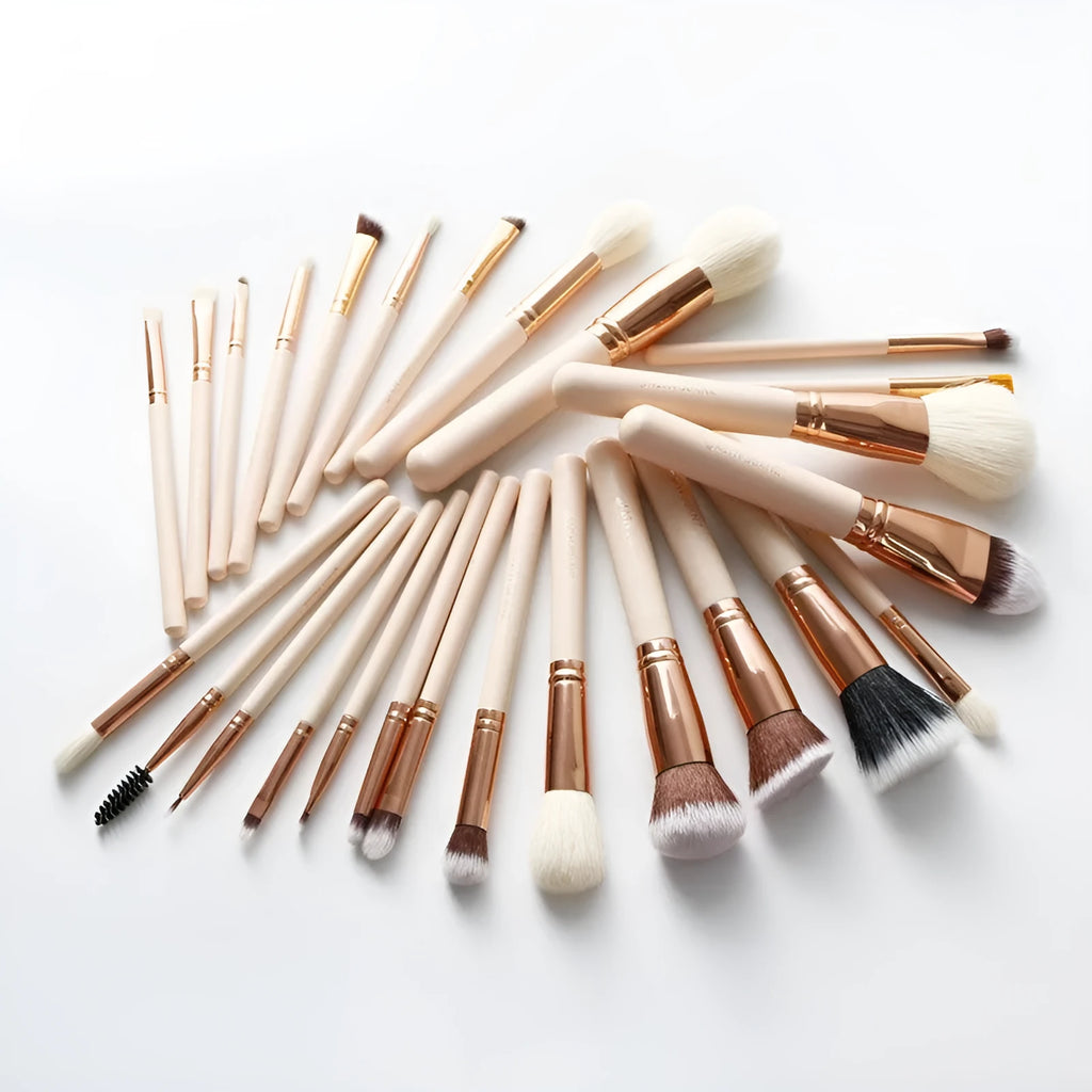 26 pink makeup brushes with wooden handles in portable case