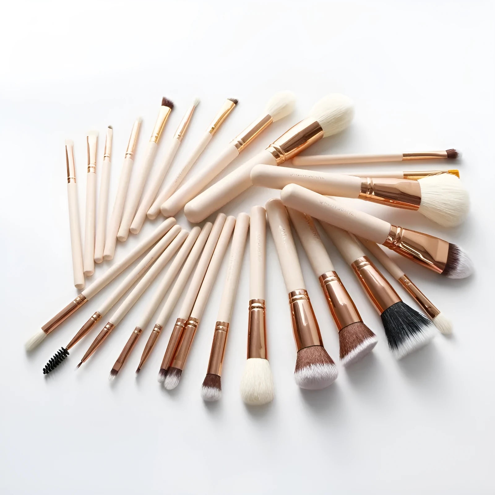 26 pink makeup brushes with wooden handles in portable case