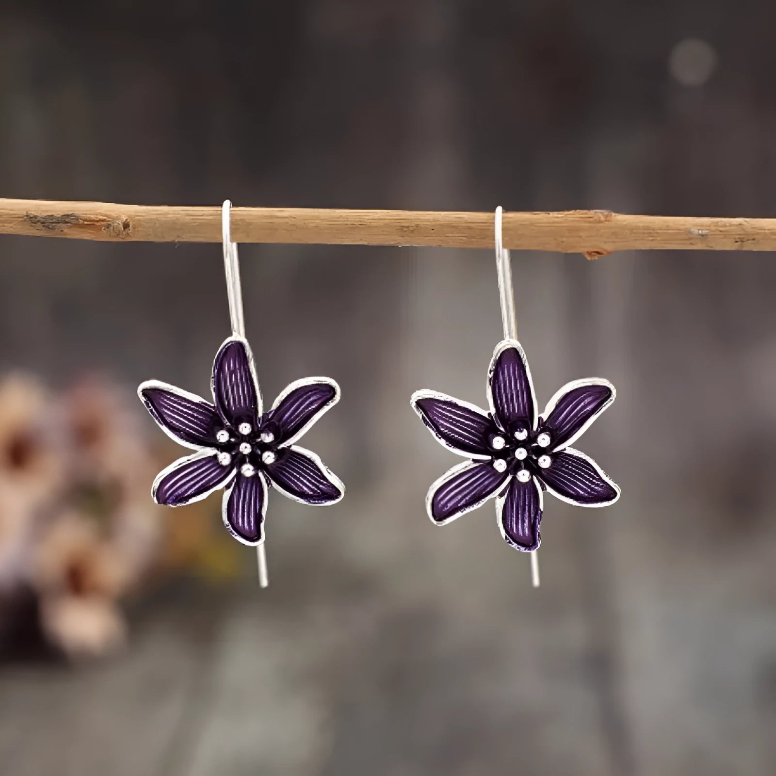 Purple flower-shaped alloy earrings with electroplated finish and elegant design for women