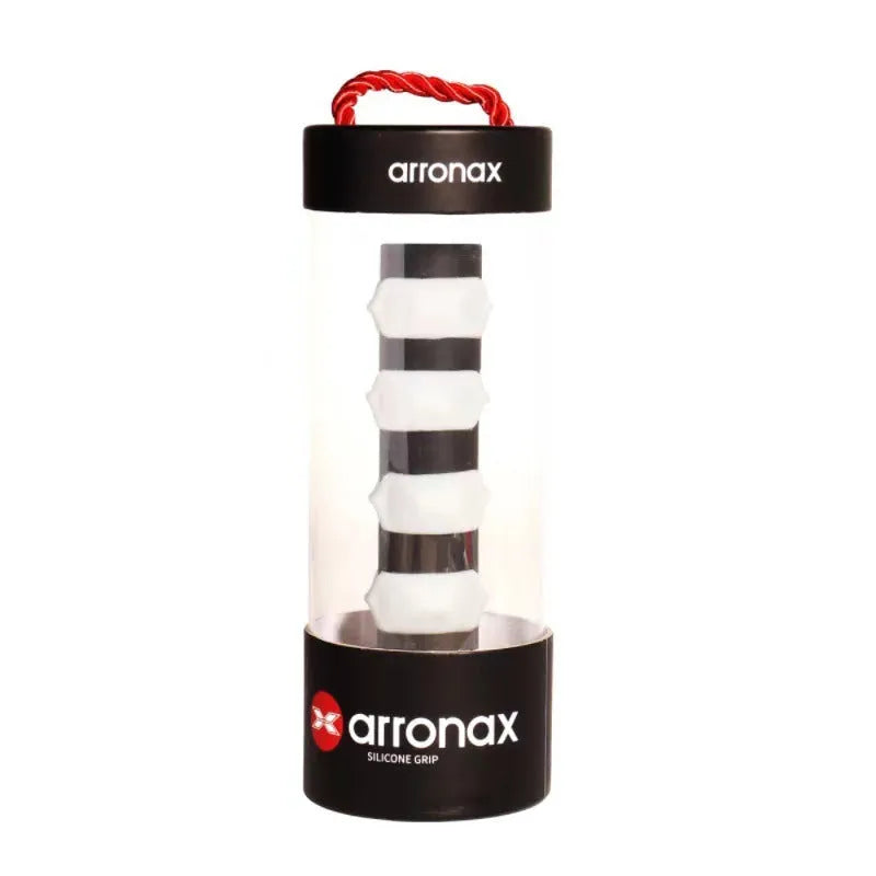 Peak silicone racket hand grip buckle in seven colours on a badminton racket handle.