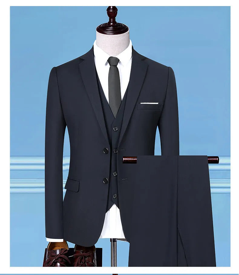 Men's slim fit khaki cotton blend bridegroom vest on a hanger.