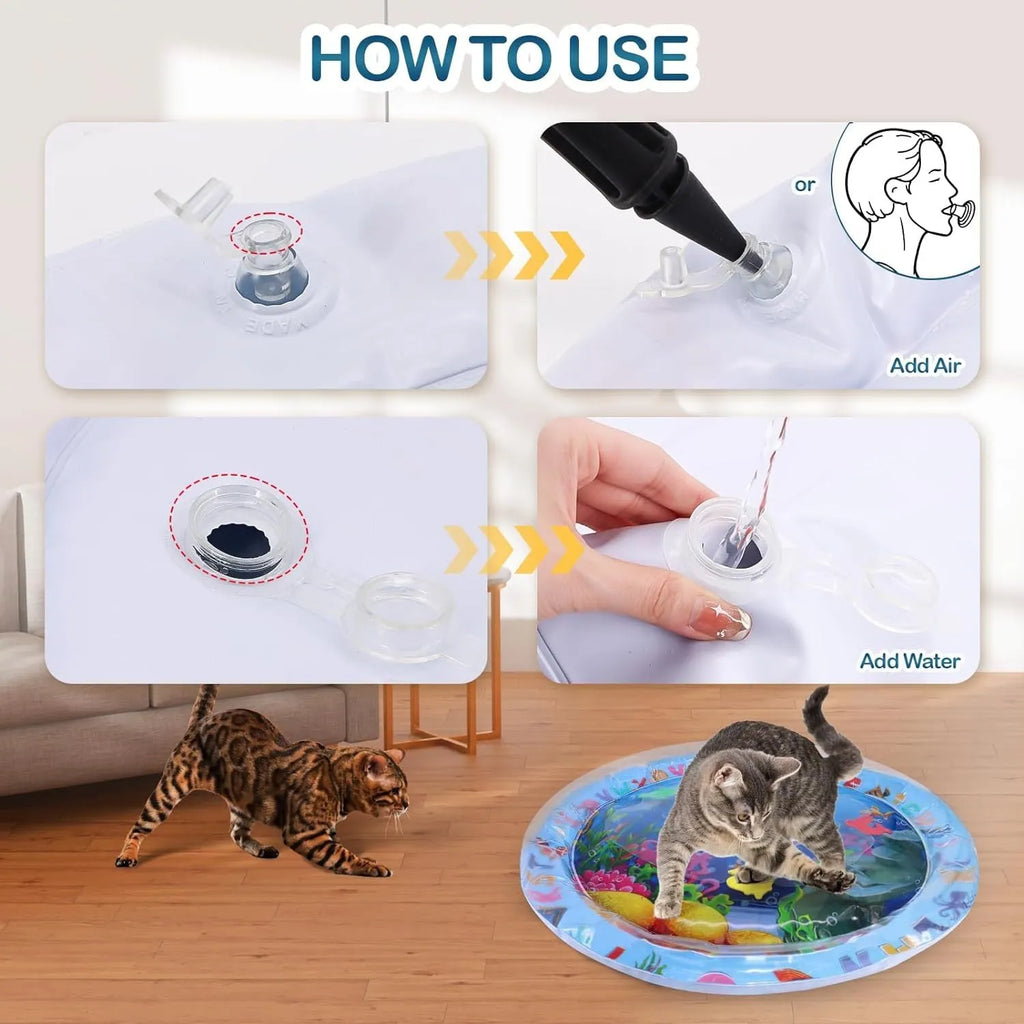 Large square blue water sensory playmat for cats on a floor, showing floating fish toys inside.