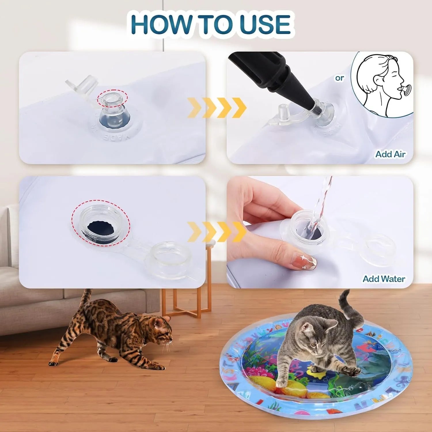 Large square blue water sensory playmat for cats on a floor, showing floating fish toys inside.