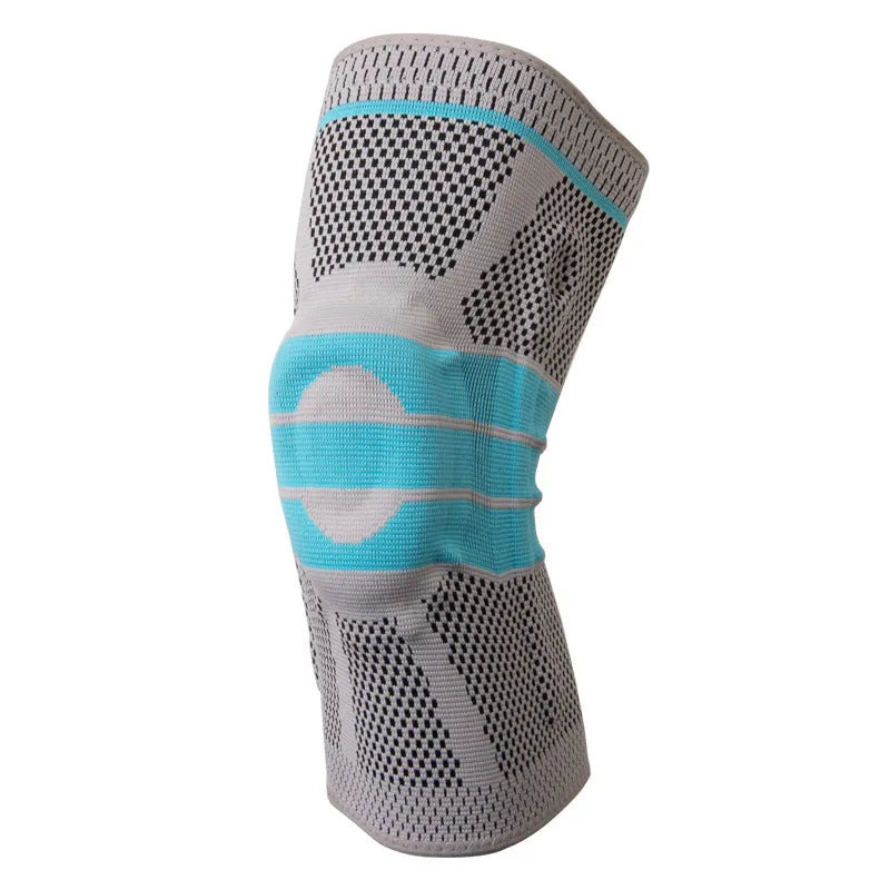 Sky blue silicone basketball knee pads with elastic fibre construction shown in knee sleeve design