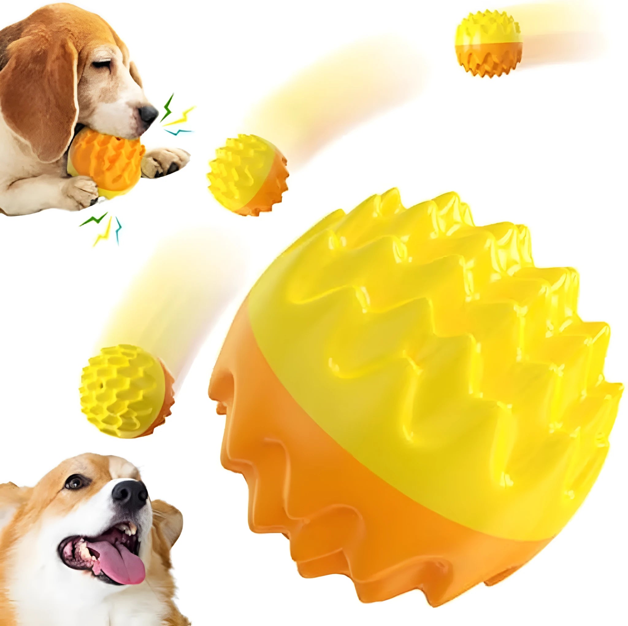 Blue and orange squeaky rubber dog ball with spiky texture for dental cleaning and water fetch