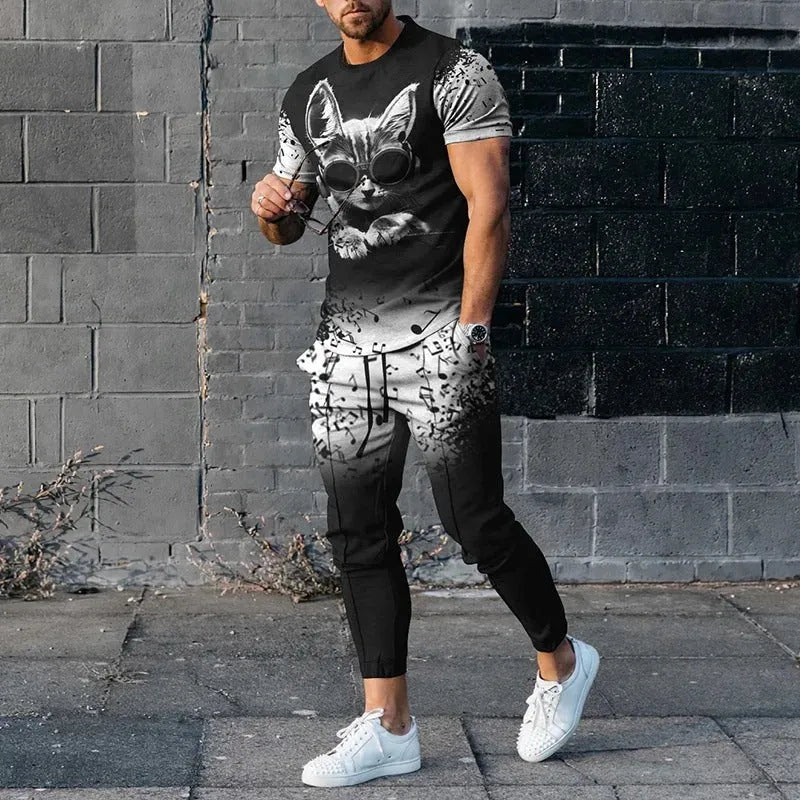 Men's short-sleeved round neck T-shirt and matching trousers set in a solid colour.