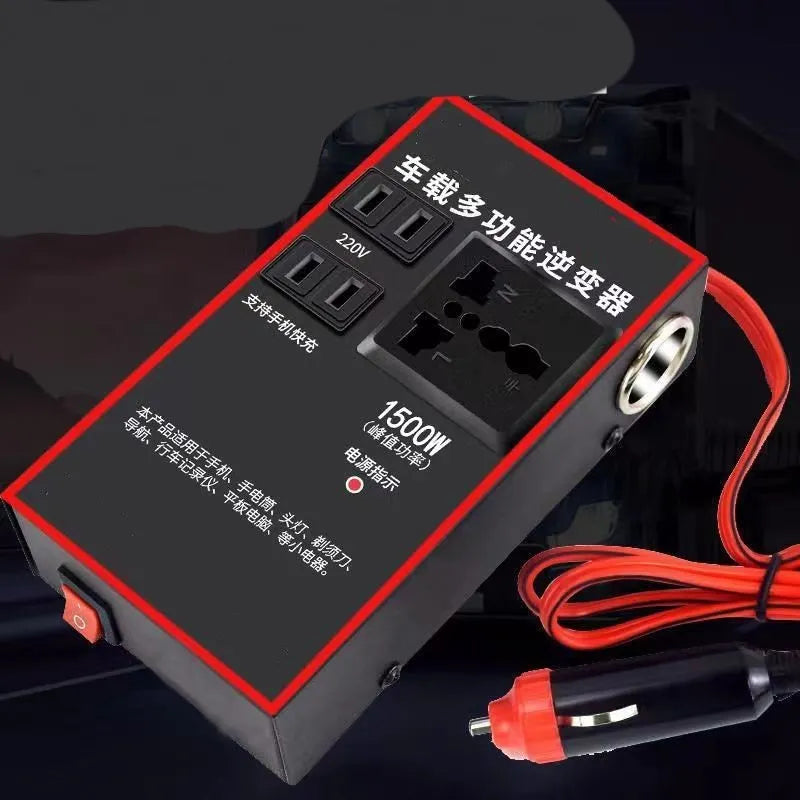 Black car power converter with 12v24v to 220v conversion and 4 USB charging ports