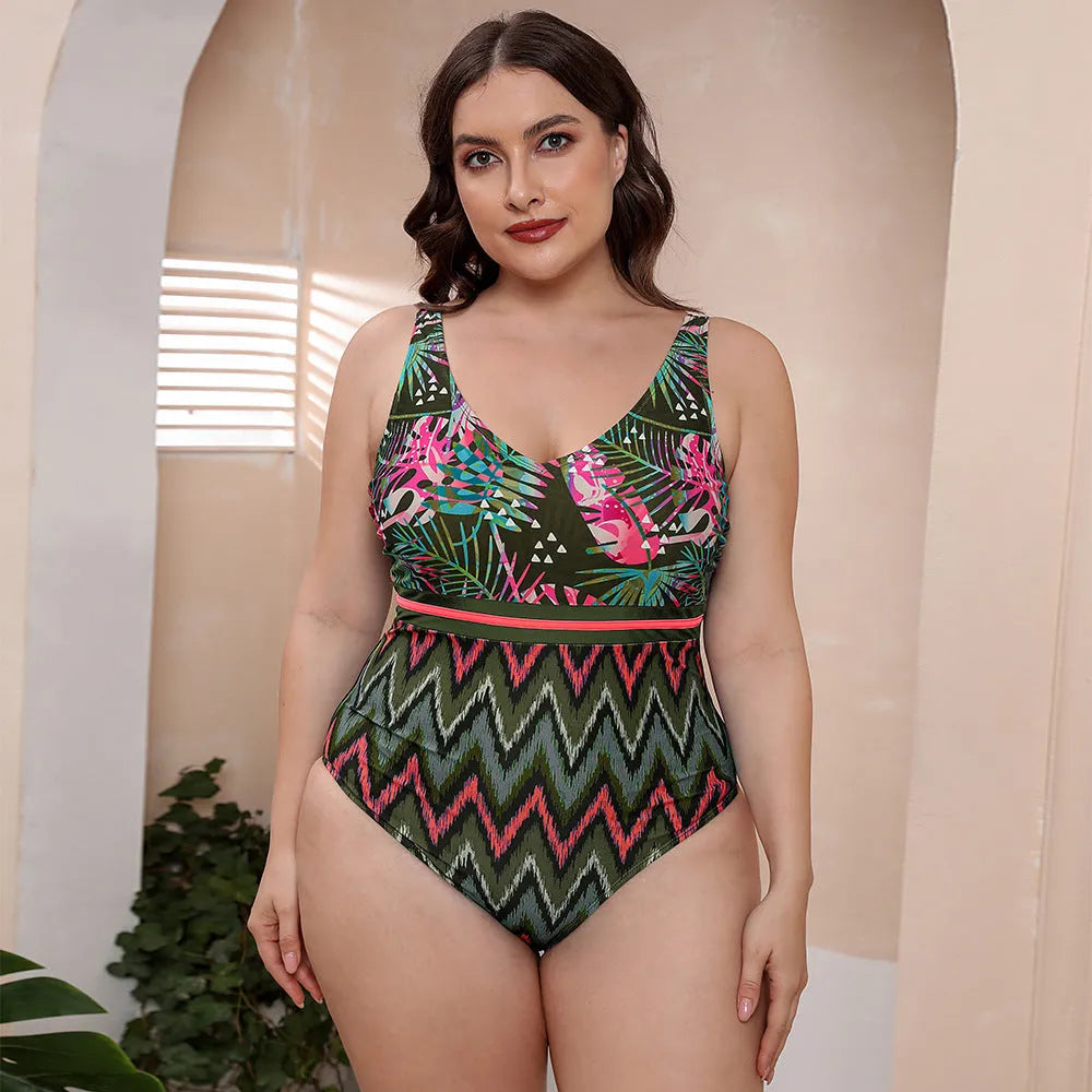 Women's striped vest-style one-piece swimsuit with spaghetti straps and printed pattern