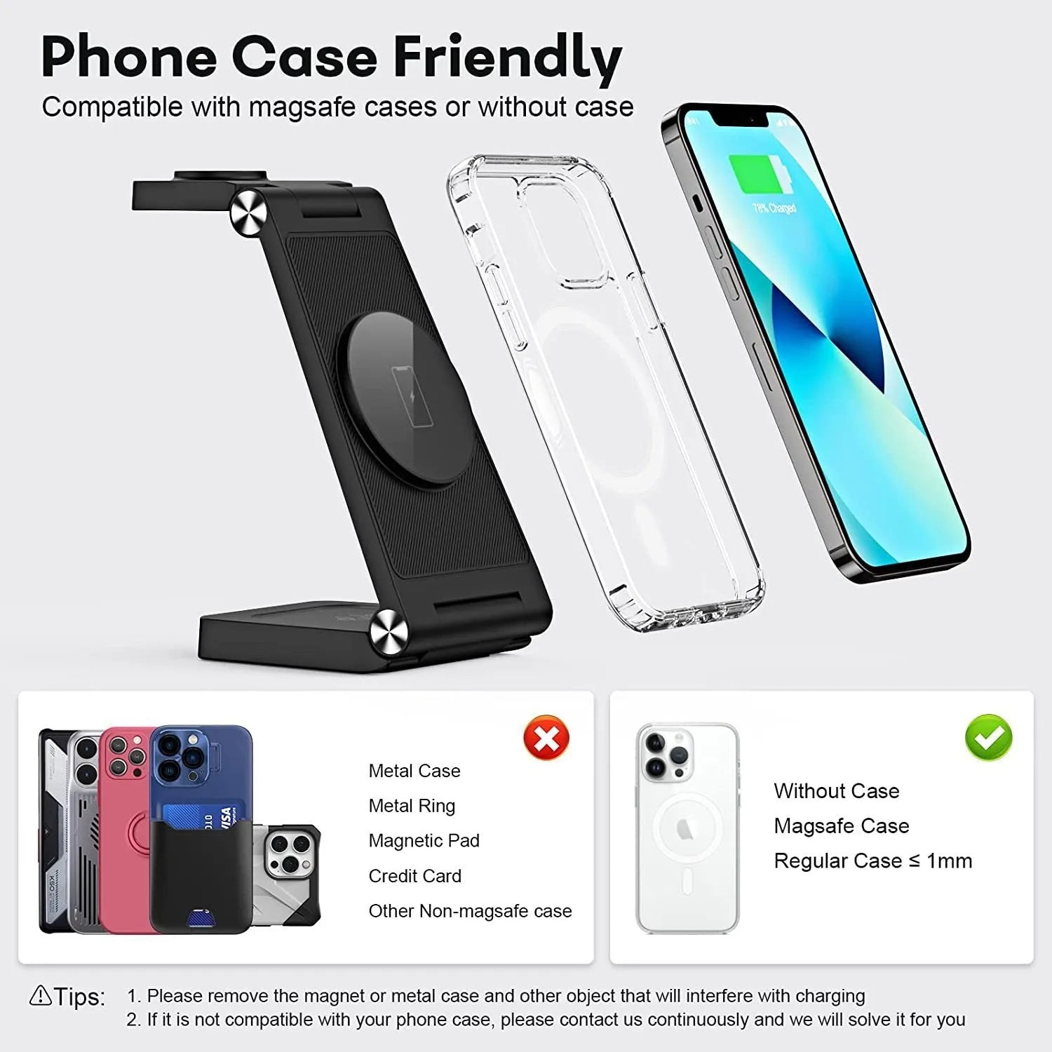 New vertical folding magnetic three-in-one wireless charger in black on a desk charging a smartphone, watch, and earbuds