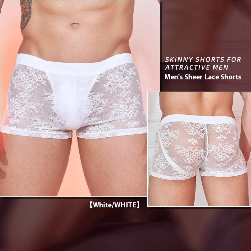 Men's black nylon boxers with a lace design detail on a free size mannequin.