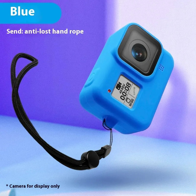 GoPro Hero8 Black silicone protective sleeve and anti-loss carrying strap accessory set in blue.