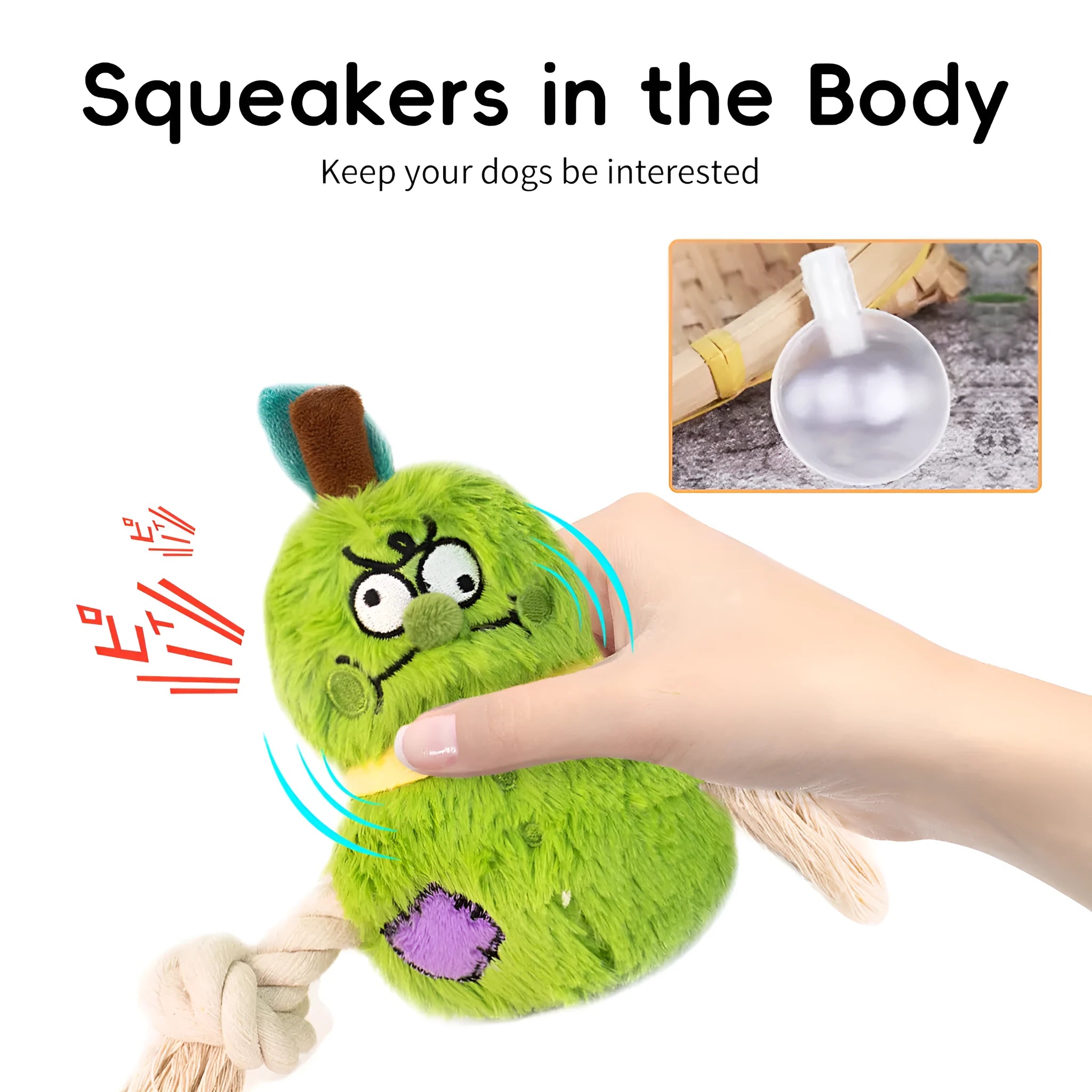 Green interactive dog toy with plush rope knot and white molar tooth chew element