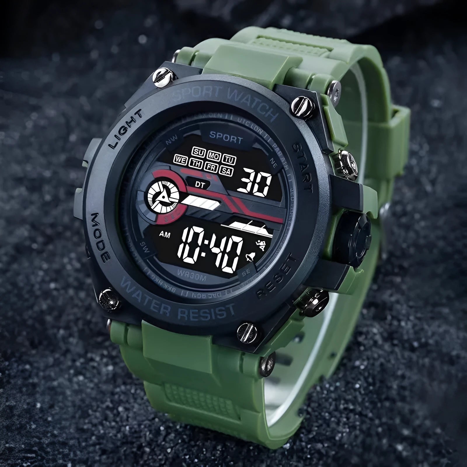 Digital electronic wristwatch with a colourful silicone strap on a wrist, showing the LED display.
