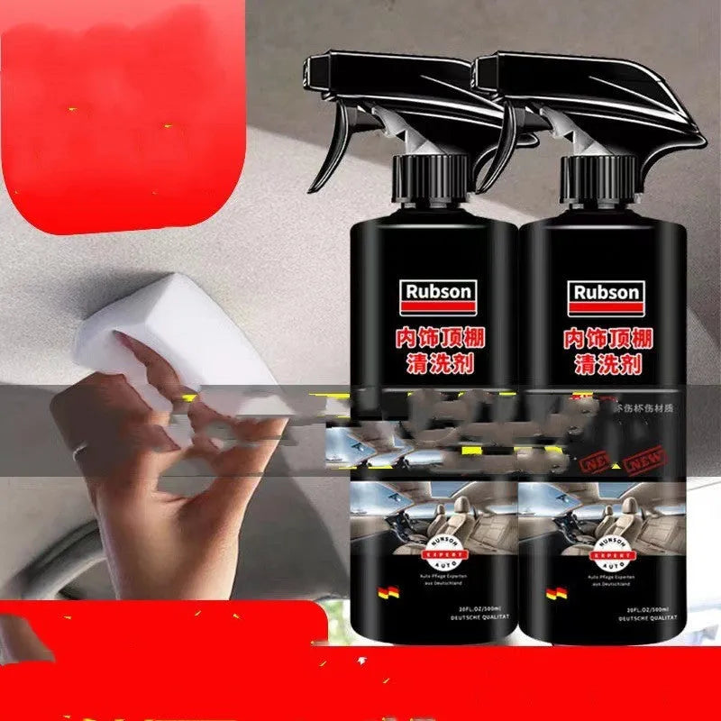 Wash free fabric roof foam cleaner kit with bottle, sponge wipes, and towel for interior vehicle ceiling cleaning