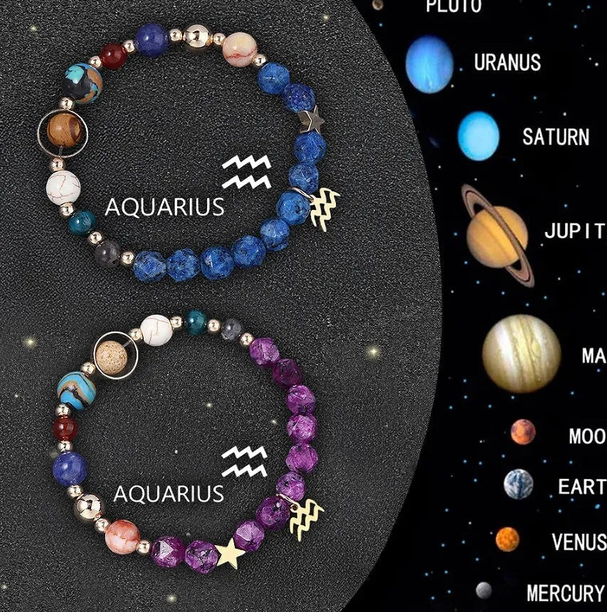 Set of two natural stone beaded bracelets with silver zodiac charms on an adjustable cord.