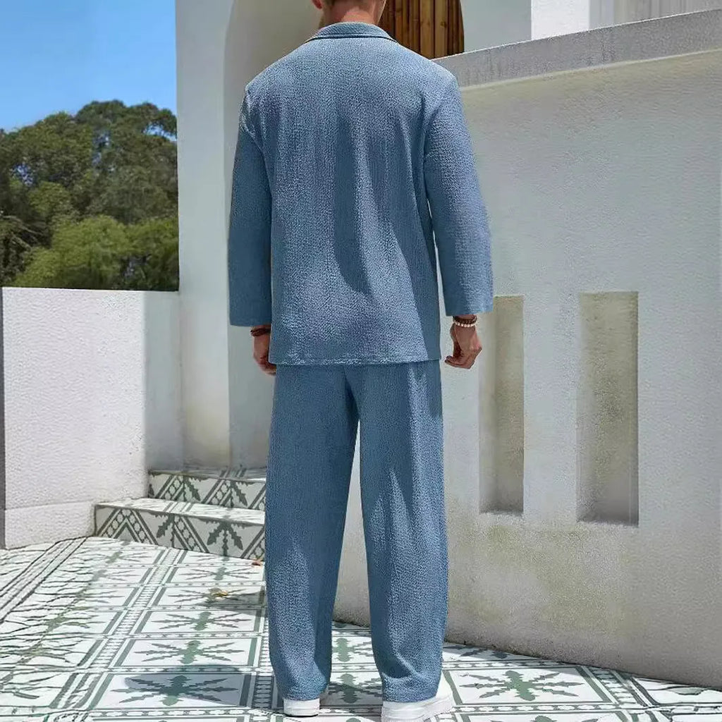 Men's casual shirt trousers suit in polyester fabric available in four colours for autumn leisure wear