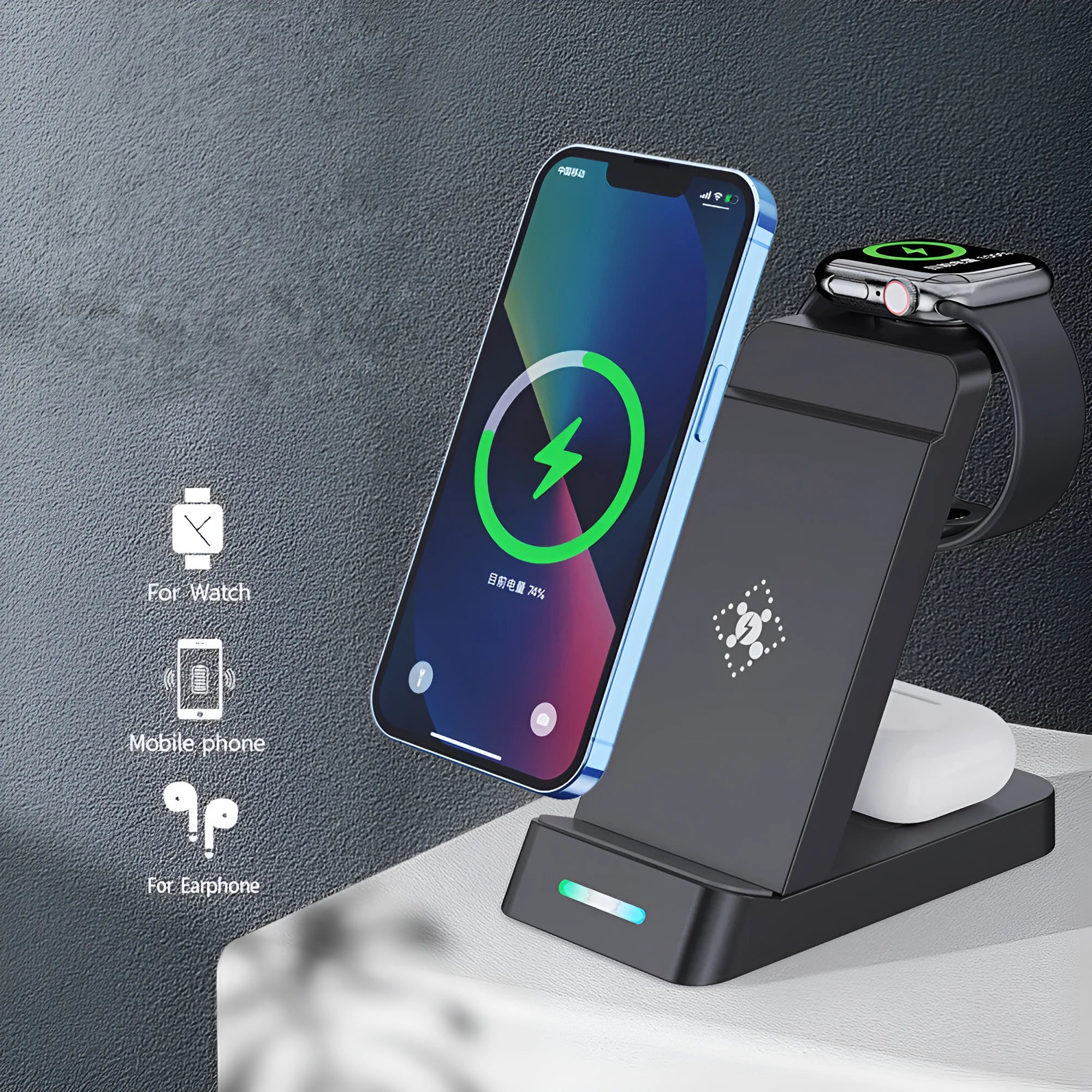Black 3-in-1 wireless charging station with phone standing vertically in portrait orientation